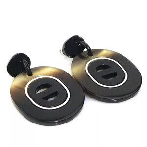 Auth HERMES Pierce Earrings Black Brown Buffalo horn